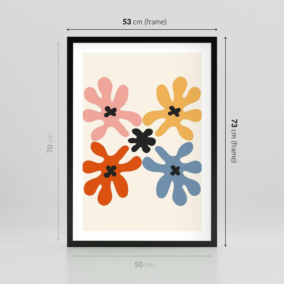 Plakat w ramie 50x70 - Taniec Akwareli - abstrakcyjne wielokolorowe kwiaty, minimalizm - rama czarna