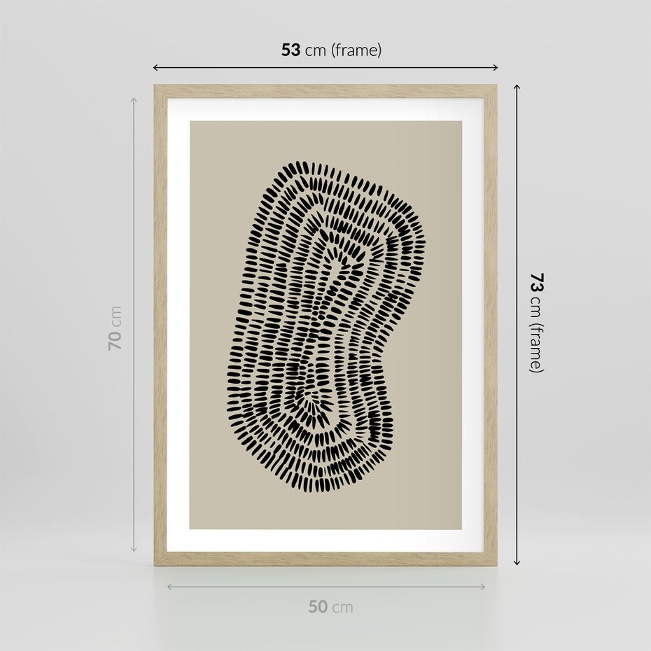 Plakat w ramie 50x70 - Nowoczesne Odbicia Wnętrza - boho plakat, czarne kropki kreski - rama drewno