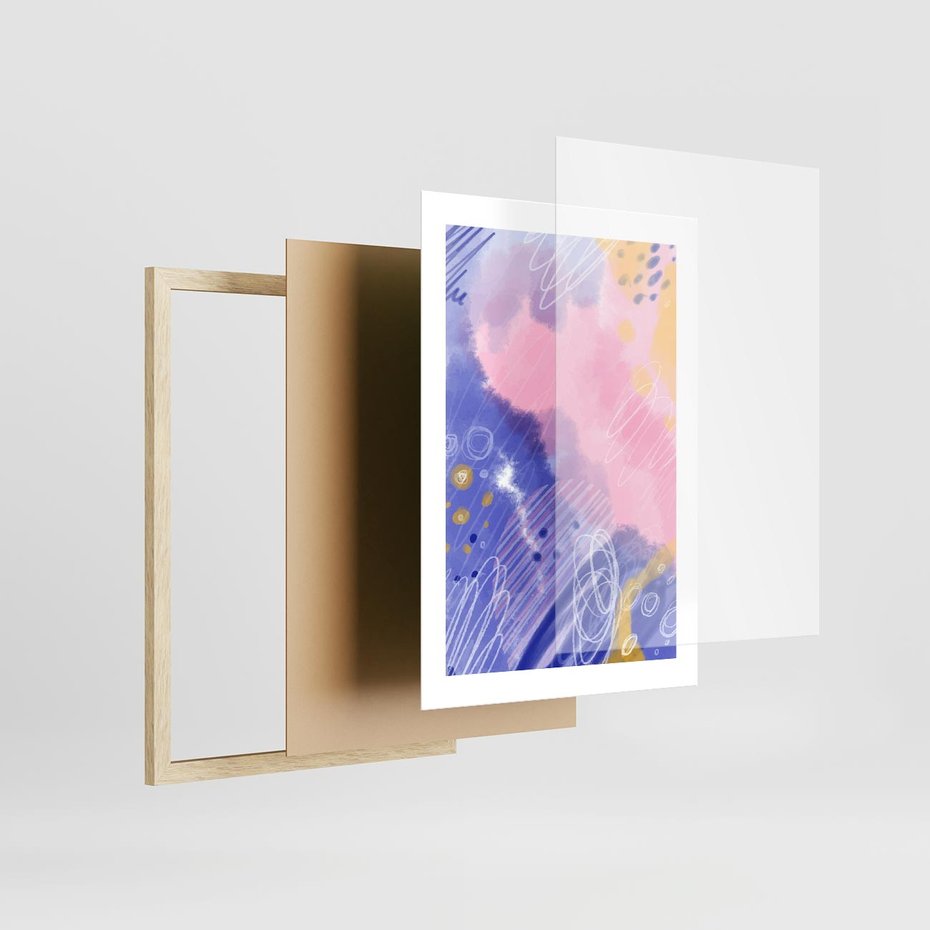 Plakat w ramie 30x40 - Migocące Granice Kształtów - abstrakcyjny plakat, pastelowe kolory - rama drewno
