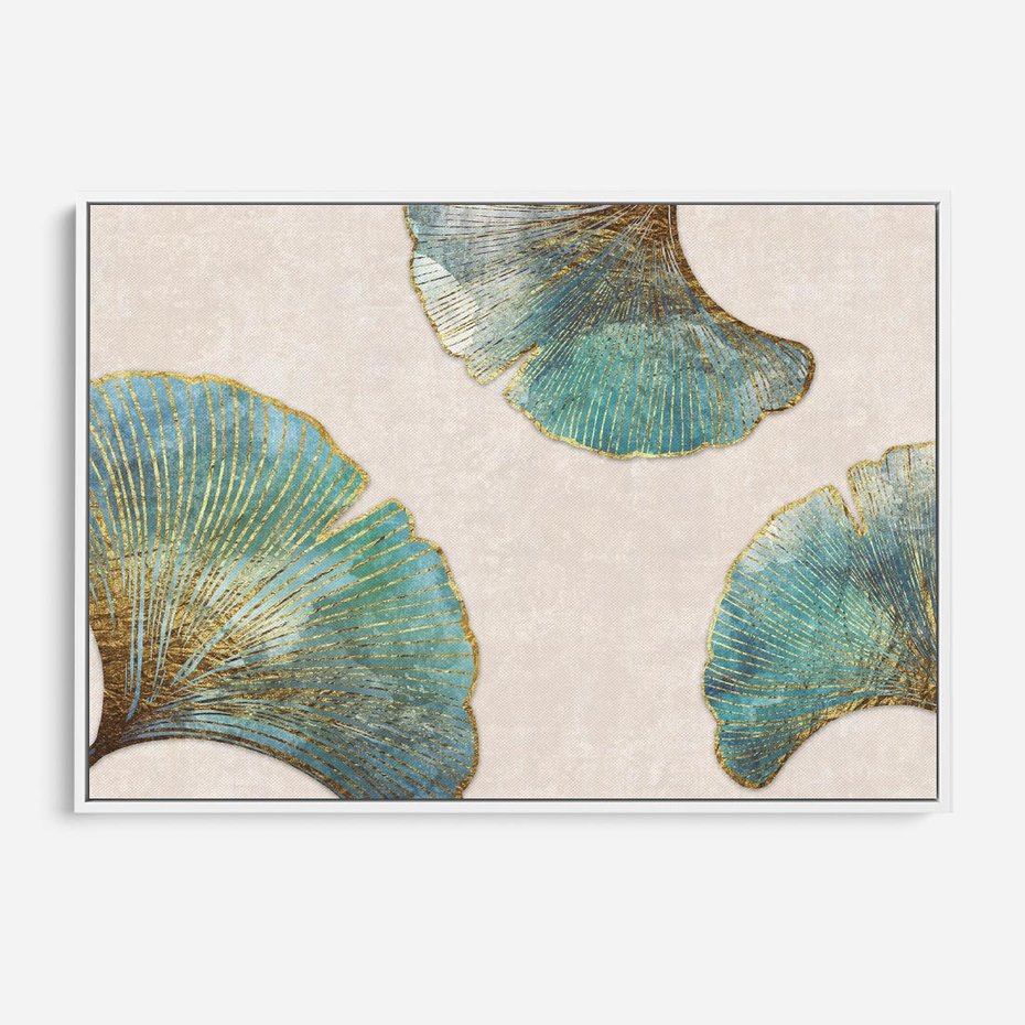 Obraz w ramie 70x50 - Złota Melodia Liści - złote, turkusowe liście miłorzębu - rama biała