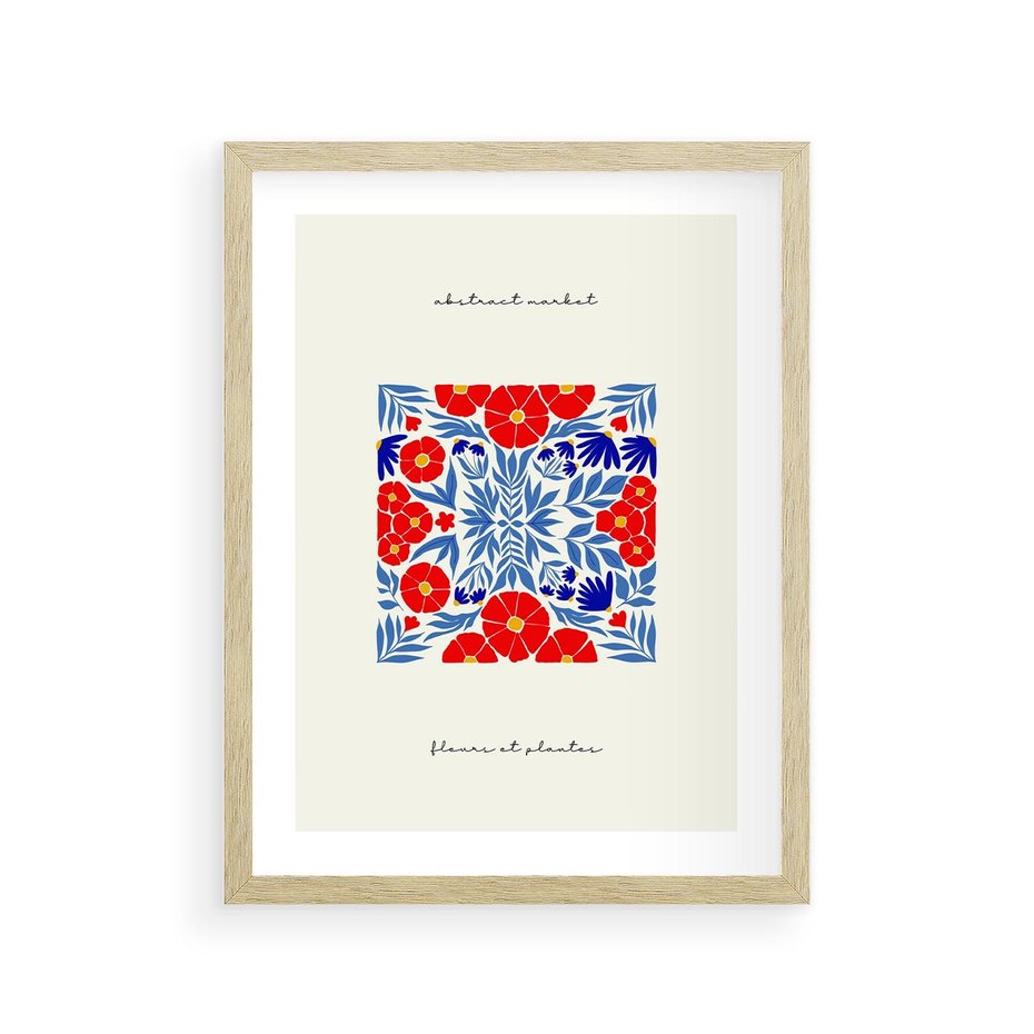 Plakat w ramie 30x40 - Tajemnicza Droga - nowoczesna kwiatowa kompozycja, czerwony i niebieski - rama drewno