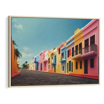 Obraz w ramie 100x70 - Ekspresja marzeń i tęsknot - pastelowe kolorowe budynki, wzdłuż ulicy - rama drewno