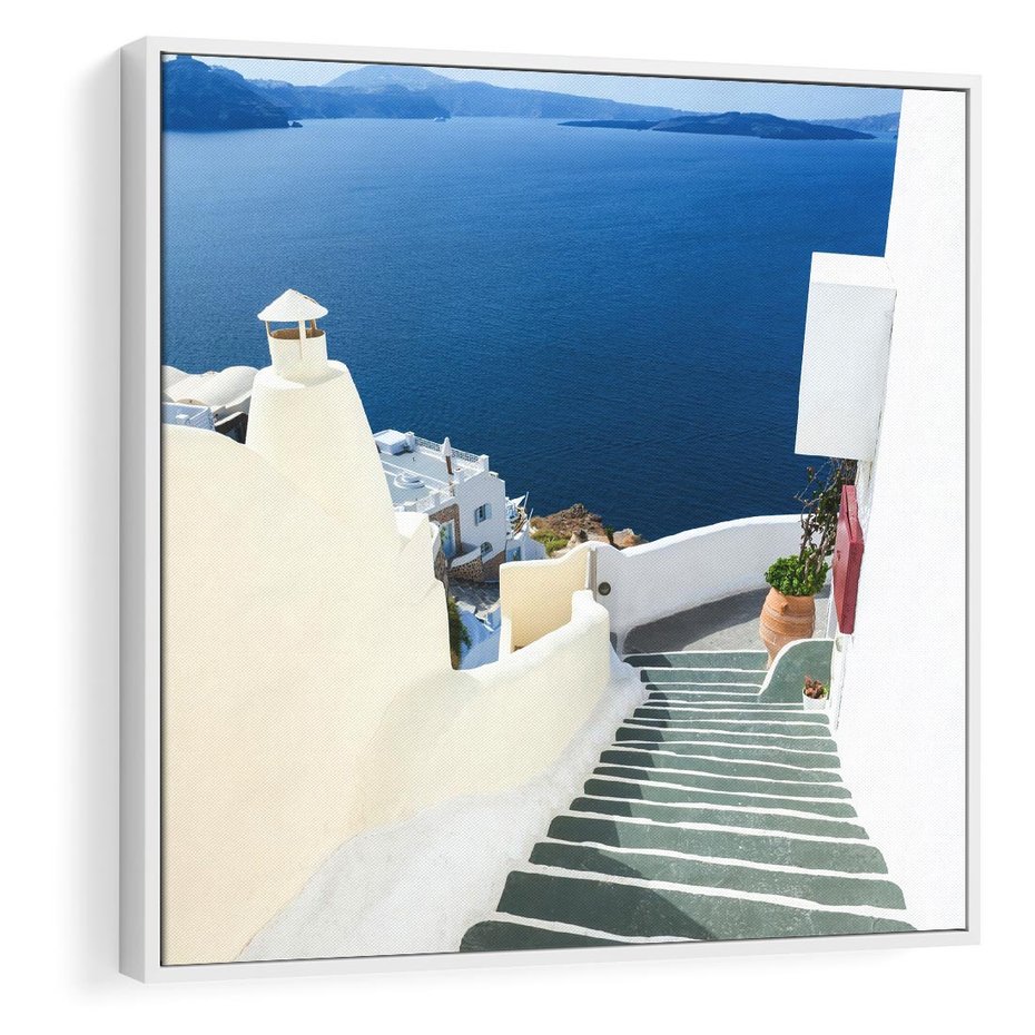 Obraz w ramie 50x50 - Malowniczy urok wyspy - Santorini, schodki - rama biała
