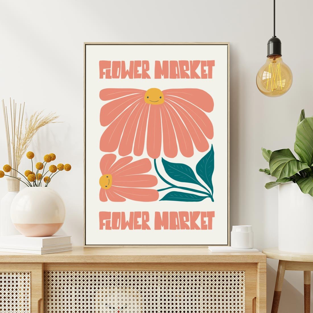 Obraz w ramie 80x120 - Grafika Pełna Radości - wesoła grafika, uśmiechnięte kwiaty - rama drewno