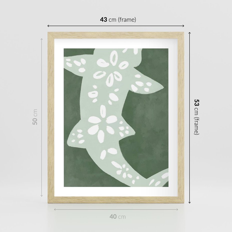 Plakat w ramie 40x50 - Migotliwe Wibracje Zieleni - zielony plakat, abstrakcja przypominająca rybę - rama drewno