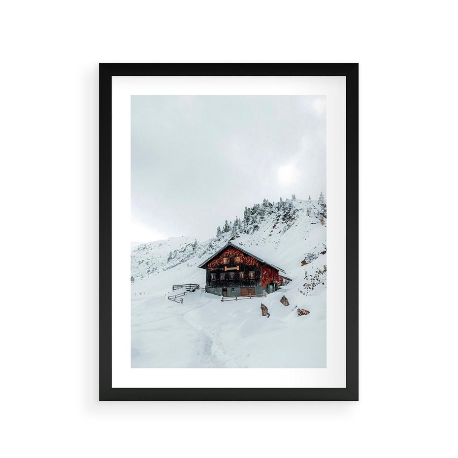 Plakat w ramie 30x40 - Zimowa Magia - domek, śnieg - rama czarna