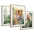 Zestaw obrazy w ramie 40x50 galeria - tropiki, liście, tygrys, papuga, dżungla - rama drewno
