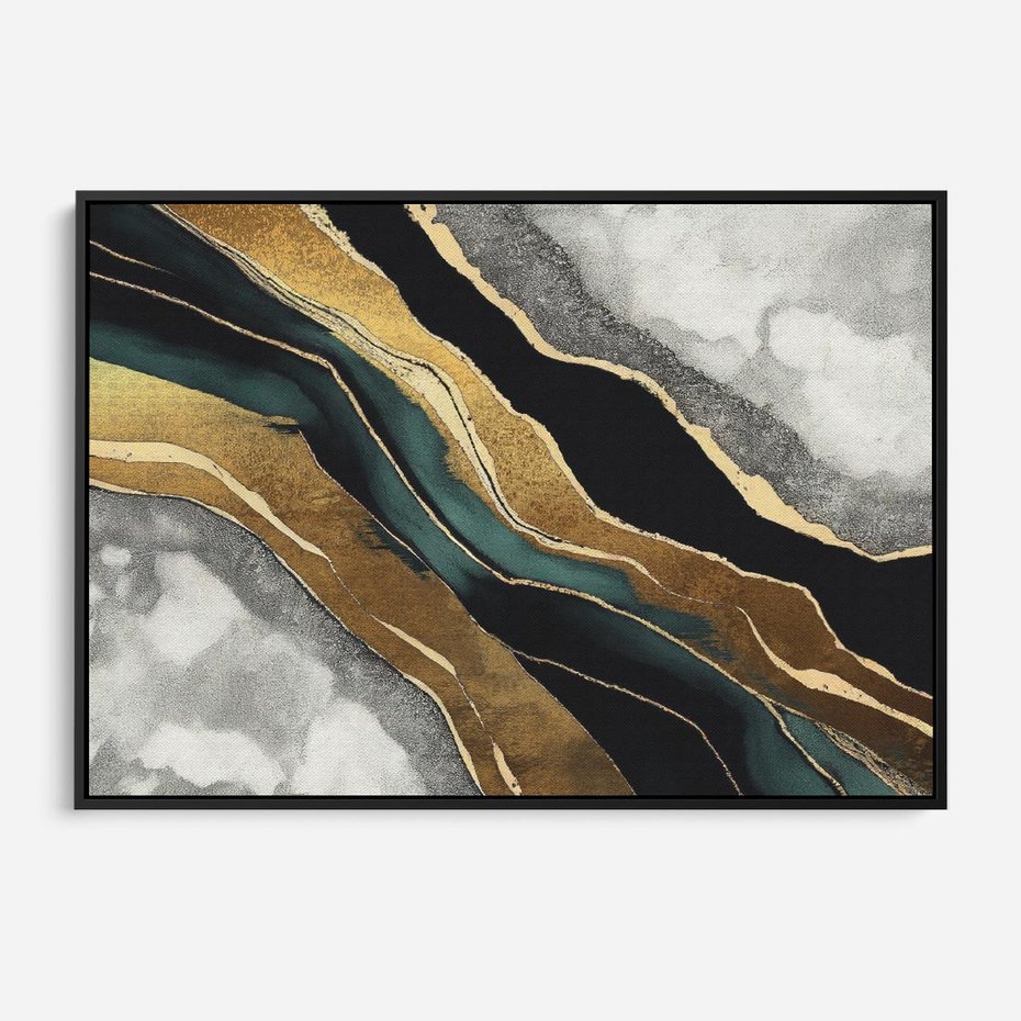 Obraz w ramie 70x50 - Refrakcje płynącej rzeczywistości - jak marmurowa rzeka, linie złota - rama czarna