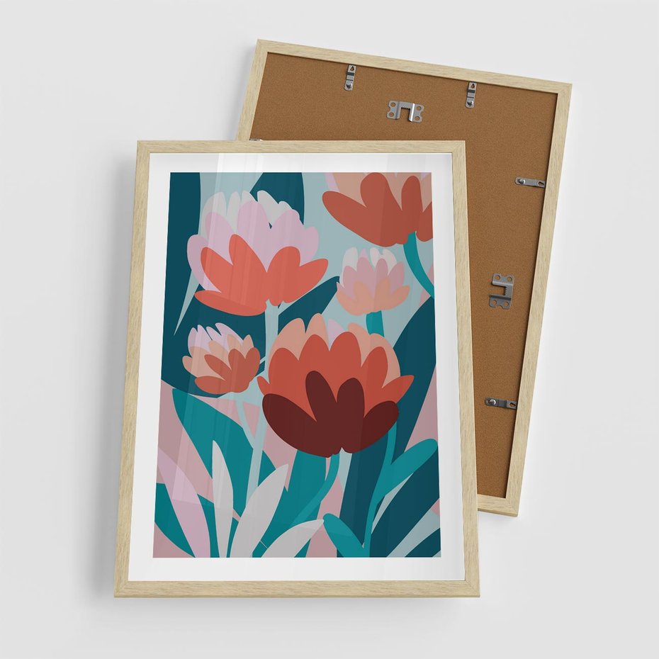 Plakat w ramie 50x70 - Symfonia Kwiatów - abstrakcyjna kompozycja kwiatowych form, kolor zgaszone - rama drewno