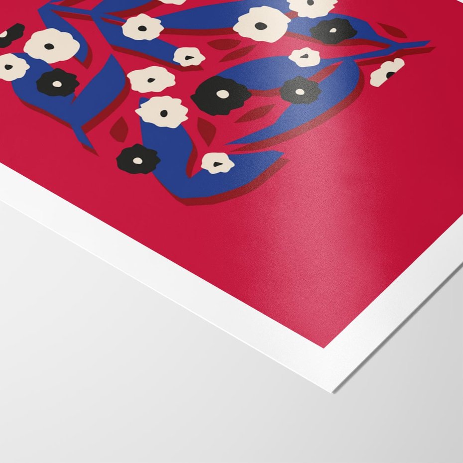 Plakat bez ramy 21x30 - Kolorowe Przenikanie - abstrakcyjna kwiatowa kompozycja, czerwone mocne tło