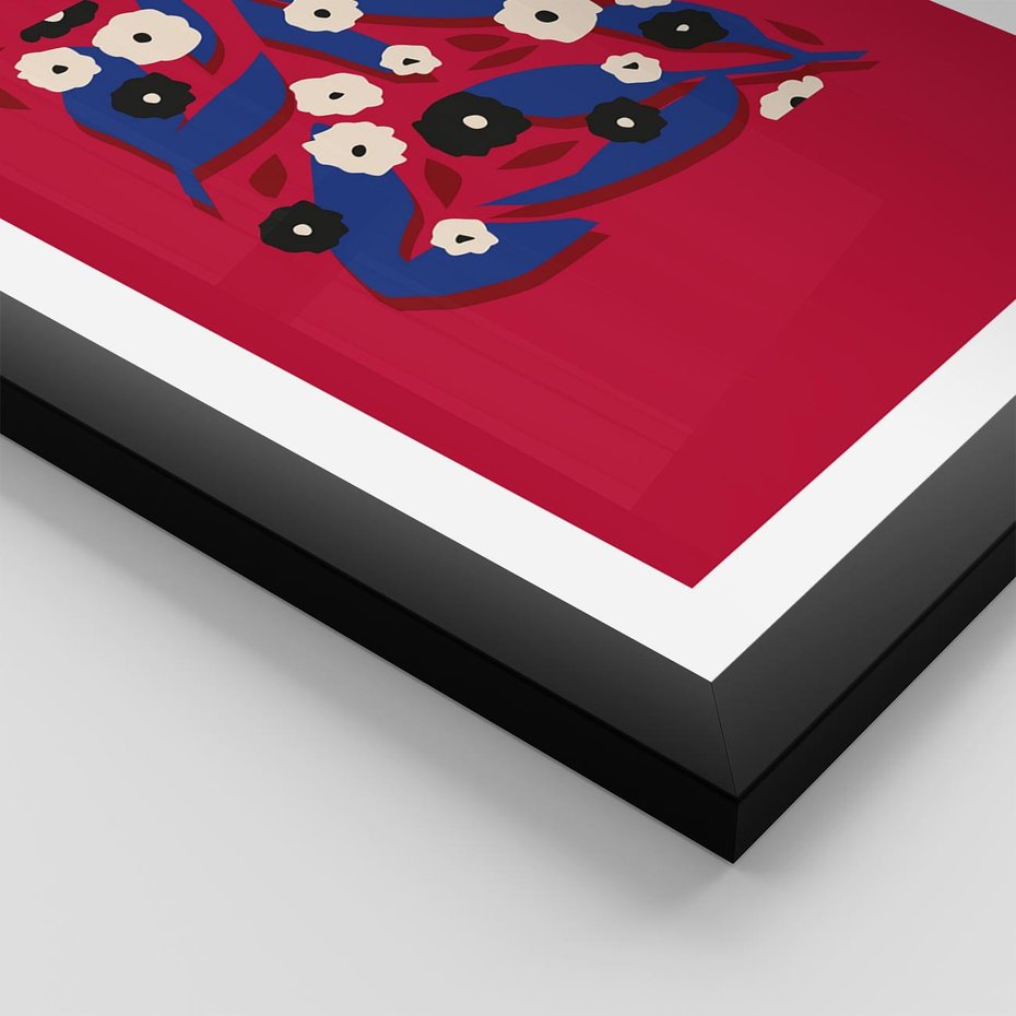 Plakat w ramie 50x70 - Kolorowe Przenikanie - abstrakcyjna kwiatowa kompozycja, czerwone mocne tło - rama czarna