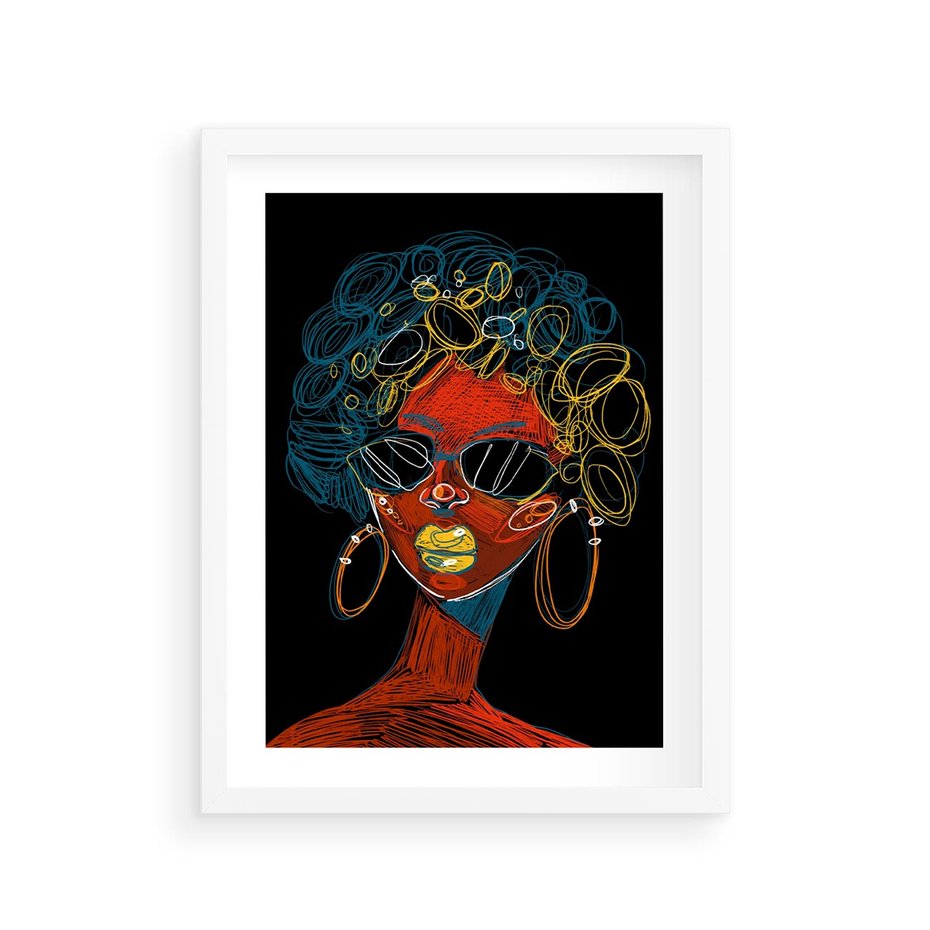Plakat w ramie 30x40 - Kolorowe Wibracje Rzeczywistości - abstrakcyjny portret kobiety, twarz - rama biała