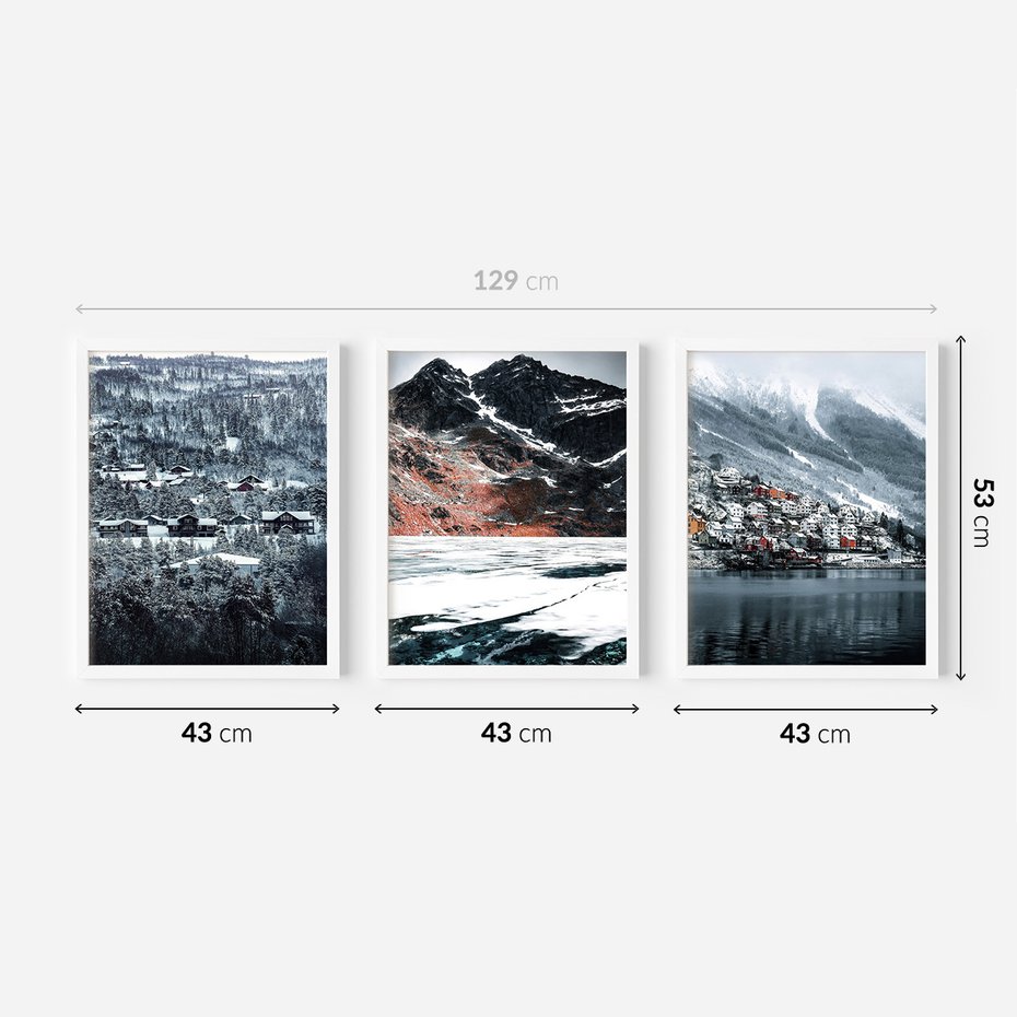 Zestaw obrazy w ramie 40x50 galeria - Norweskie, domki, góry, zima - rama biała