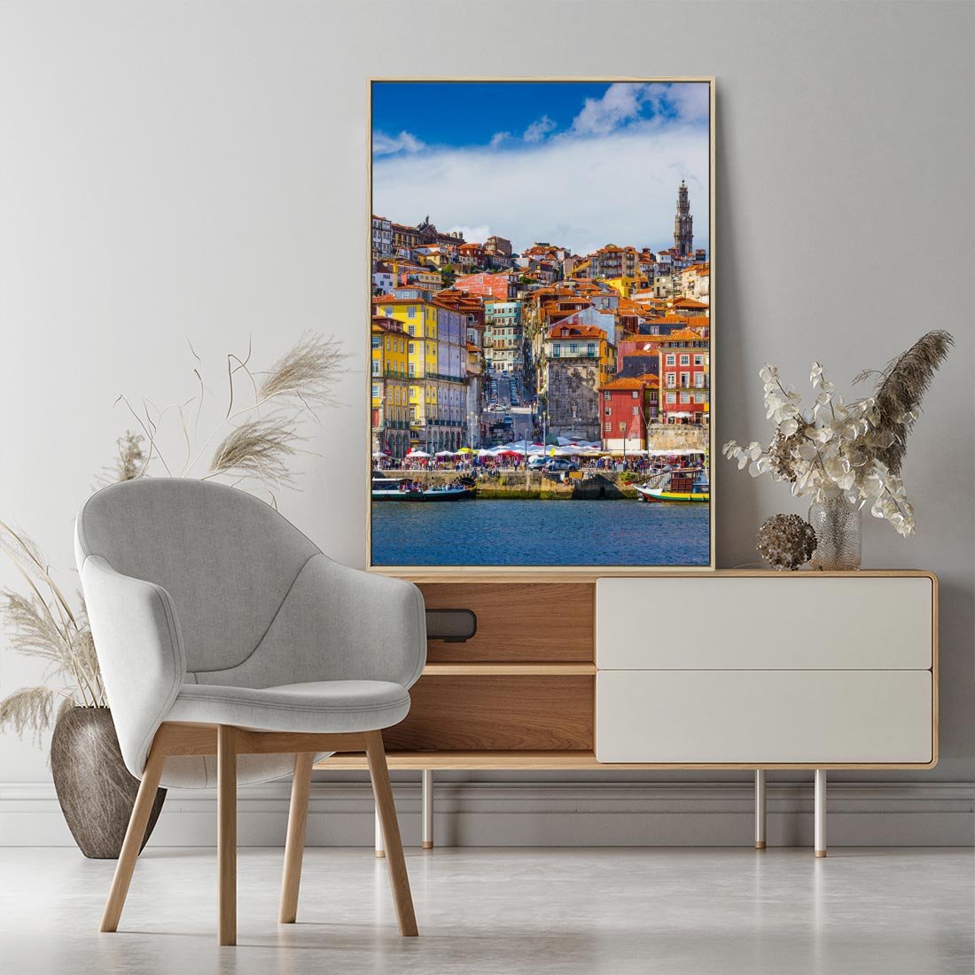 Obraz w ramie 80x120 - Kolorowa Przystań - nadmorskie miasto, kolorowe budynki - rama drewno