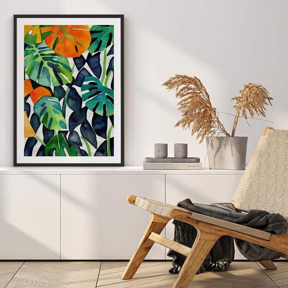 Plakat bez ramy 21x30 - Tropikalne Pragnienia - akwarela, liście tropikalne