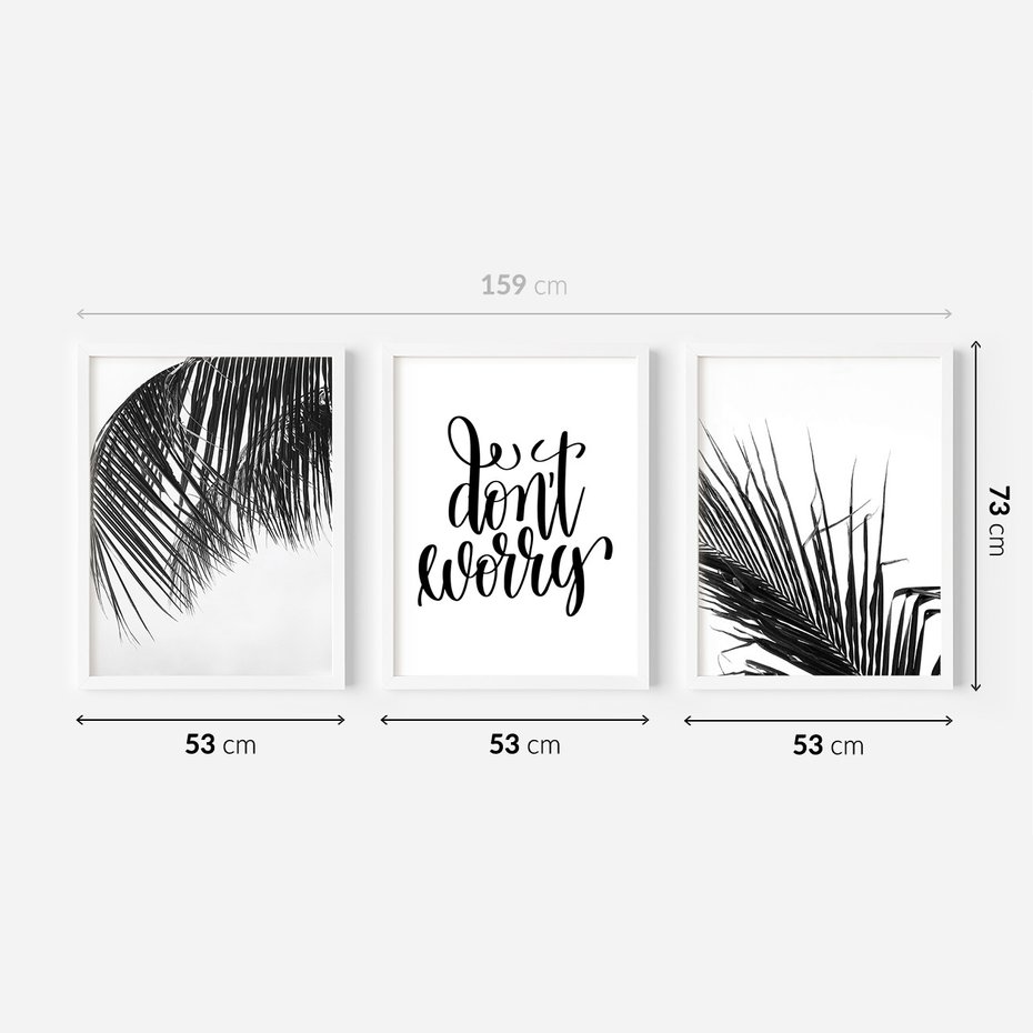 Zestaw obrazy w ramie 50x70 galeria - Palmy, liście, cytat, napis - rama biała