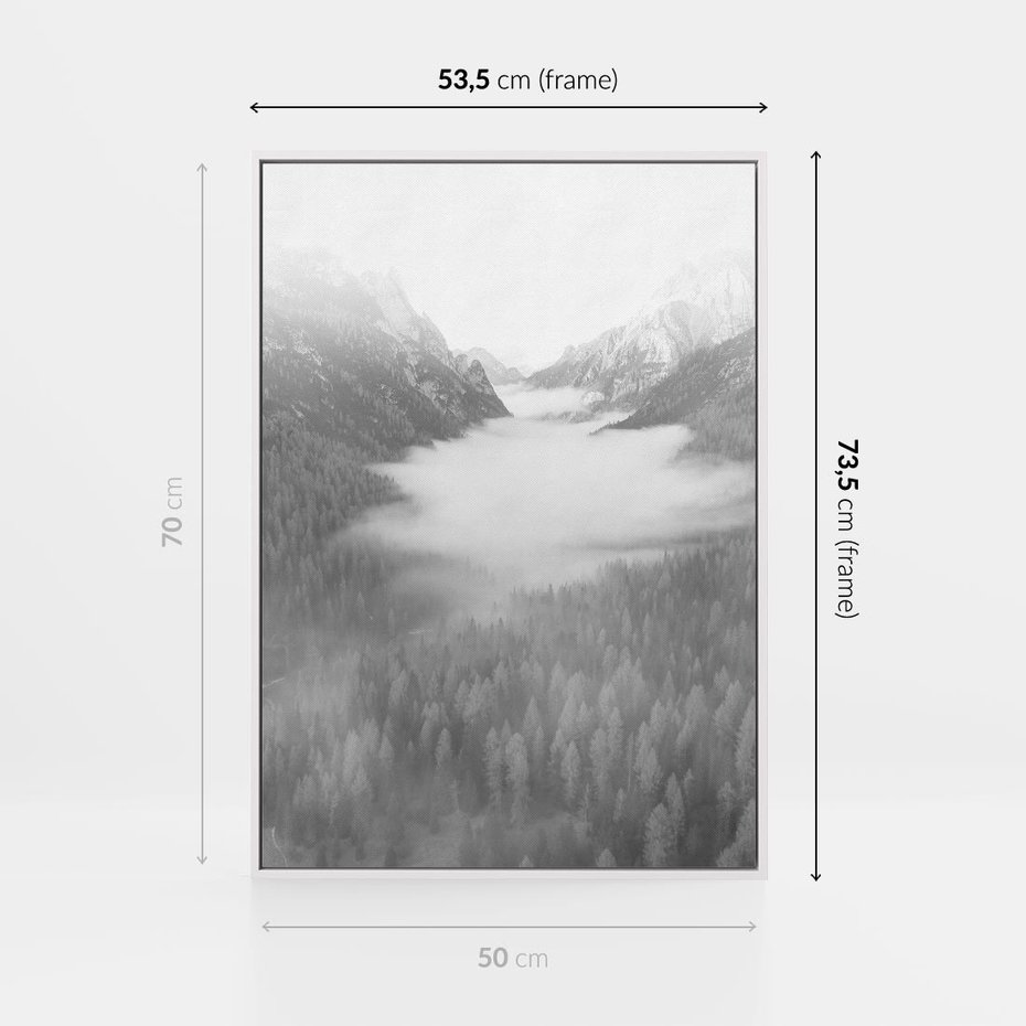 Obraz w ramie 50x70 - Szare Góry - zamglony krajobraz, las - rama biała