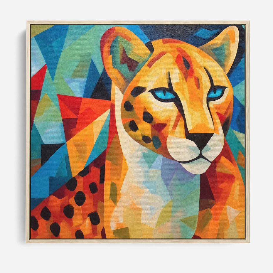 Obraz w ramie 80x80 - Dzikie Piękno - abstrakcyjny portret geparda, intensywne kolory - rama drewno