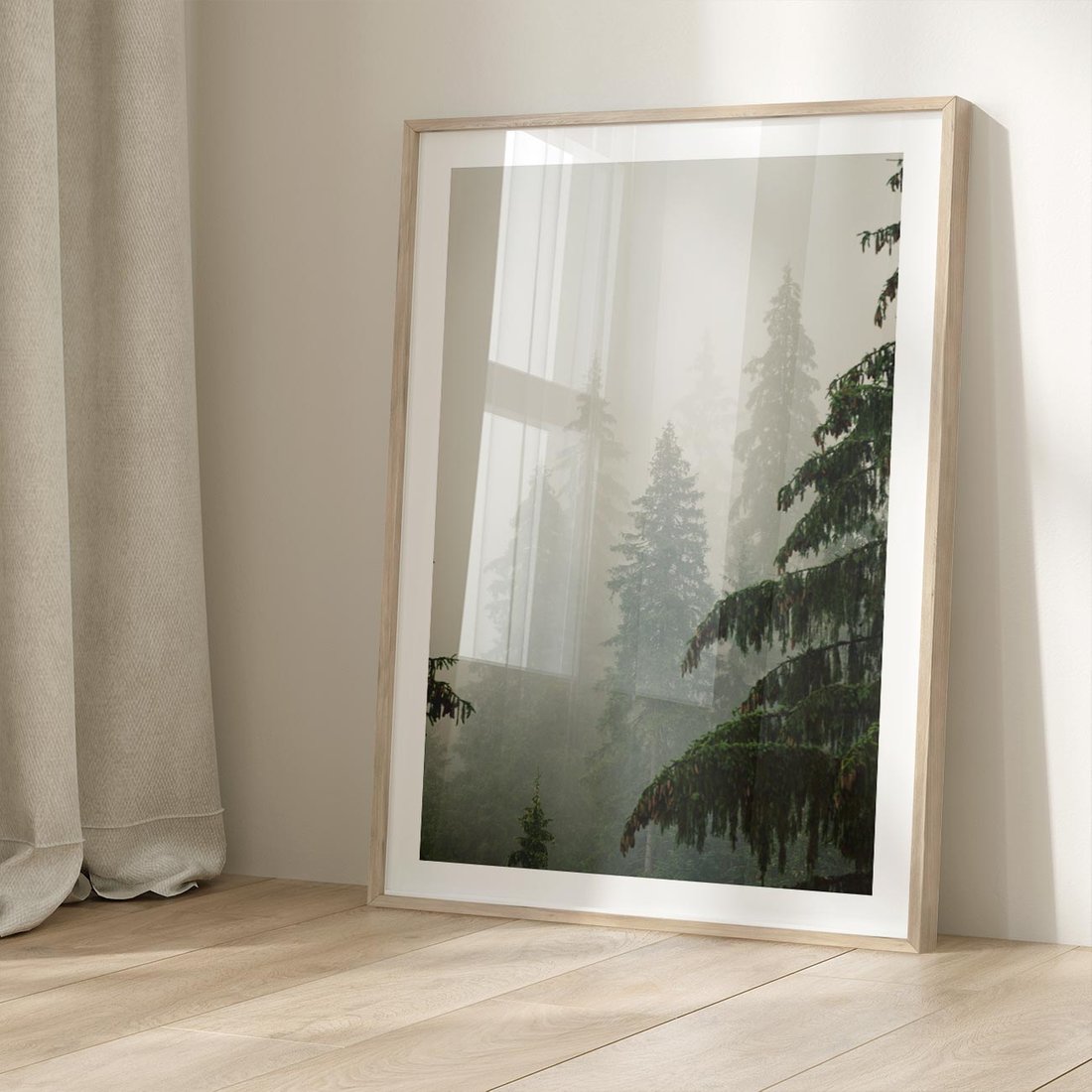 Plakat w ramie 50x70 - Mglista przemiana lasu - las, mgła - rama drewno