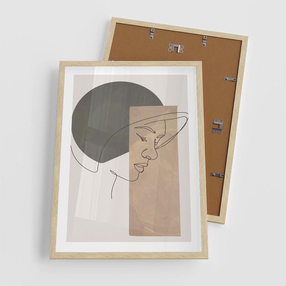 Plakat w ramie 50x70 - Jedną Linią: Kobieca Twarz - abstrakcja, plamy w tle - rama drewno