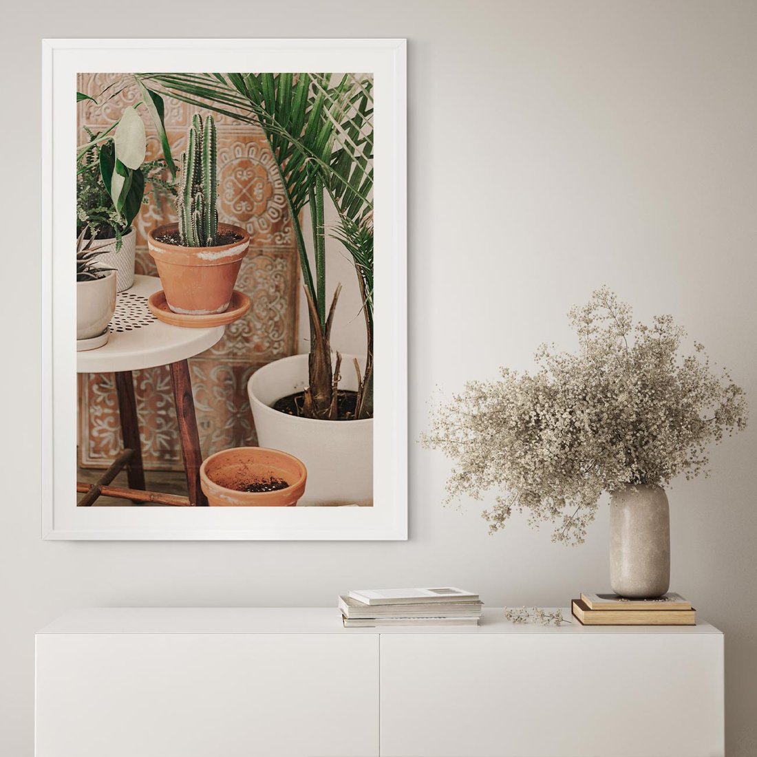 Plakat bez ramy 50x70 - Boho Oaza: Kaktusy w Doniczkach - rośliny kaktusy w doniczkach, boho wnętrze