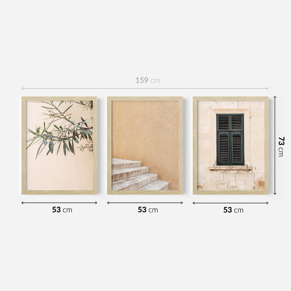 Zestaw obrazy w ramie 50x70 galeria - Beż, podróż, okiennica - rama drewno