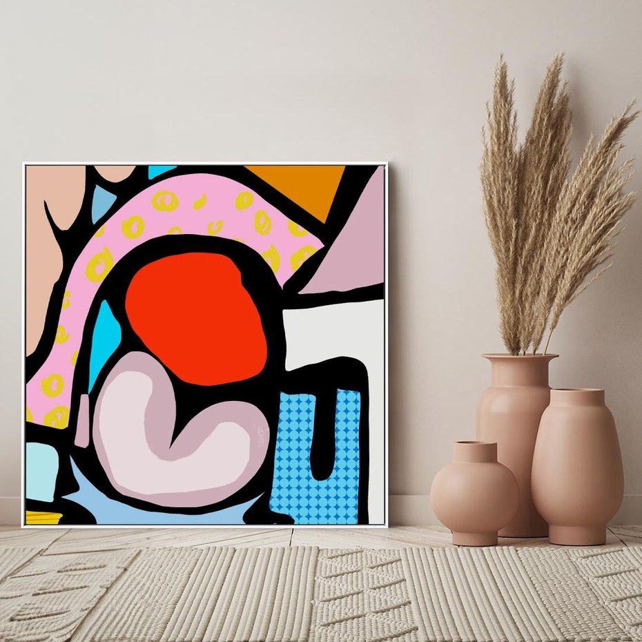 Obraz w ramie 80x80 - Czarny Komiks - abstrakcyjne formy, komiksowy styl - rama biała