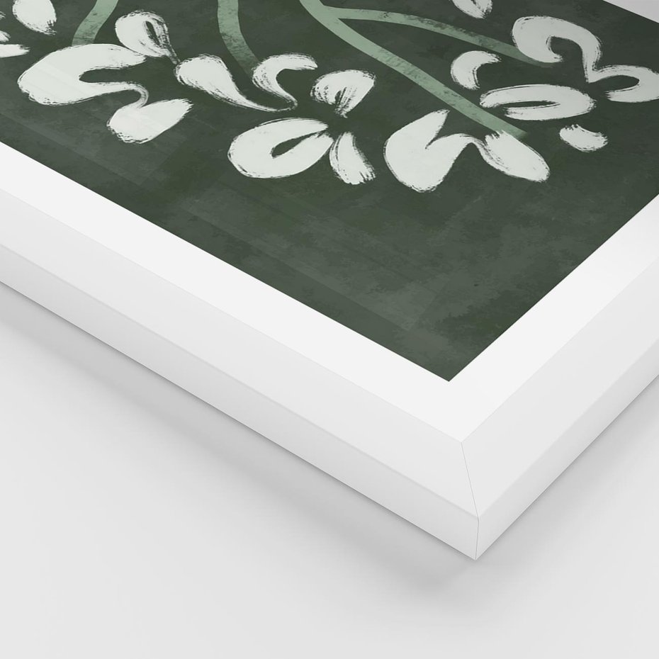 Plakat w ramie 30x40 - Rozkwitające Zielone Gałęzie - abstrakcyjne delikatne zielone linie, podobne do gałęzi kwiatów - rama biała