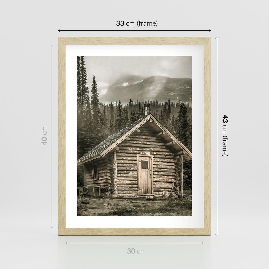Plakat w ramie 30x40 - Urok Drewnianej Chatki w Górach - chatka w górach, drewniany domek - rama drewno