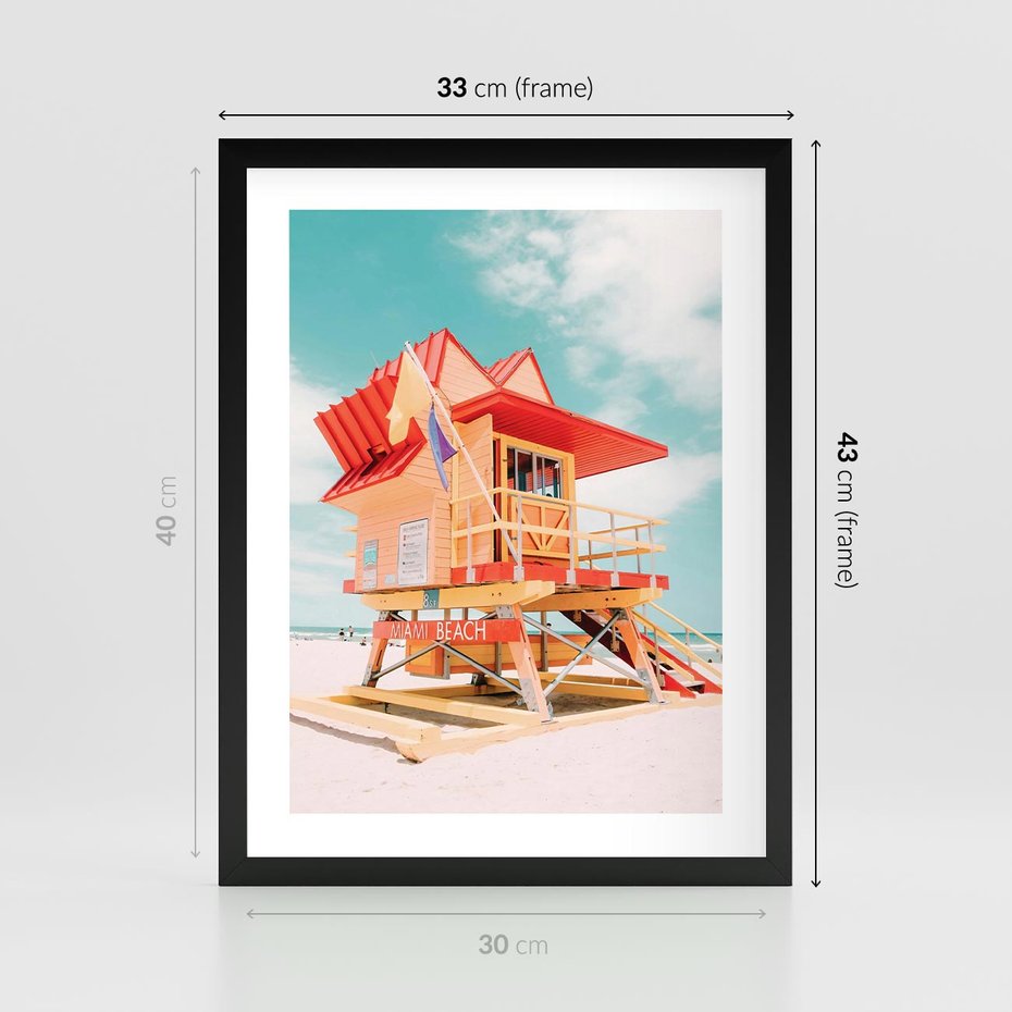 Plakat w ramie 30x40 - Rajski Widok - plaża miami, domek ratownika - rama czarna