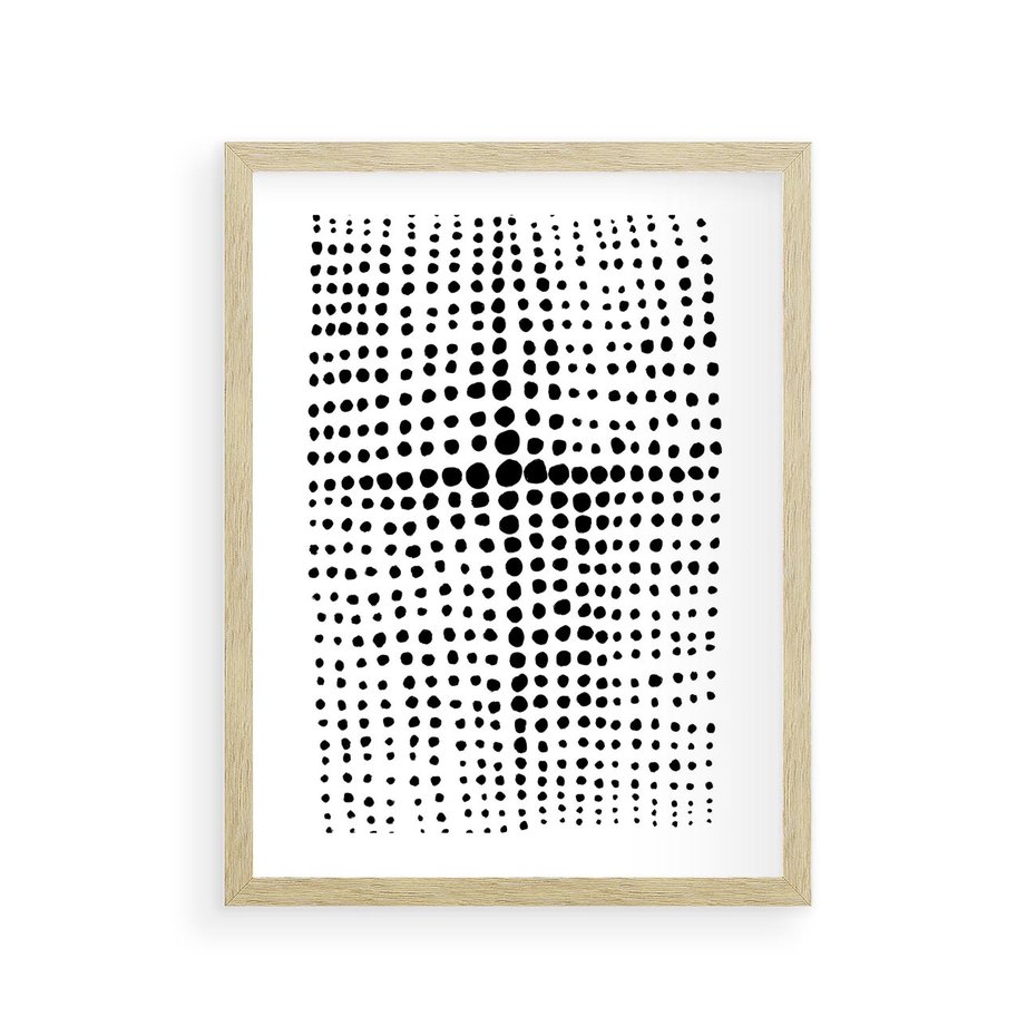 Plakat w ramie 30x40 - Refleksje Monochromatycznych Widoków - abstrakcyjna kompozycja z czarnych kropek, minimalistyczny czarno bialy plakat - rama drewno