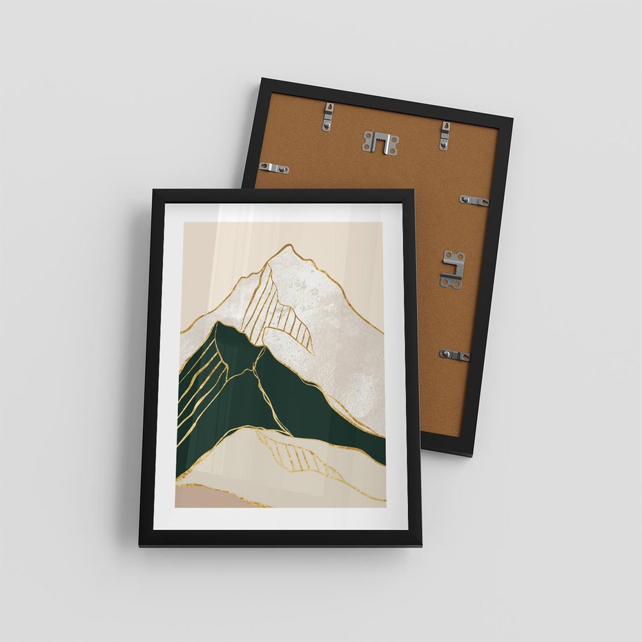 Plakat w ramie 30x40 - Minimalistyczne Góry: Złota Sztuka Natury - minimalistyczna grafika, góry - rama czarna