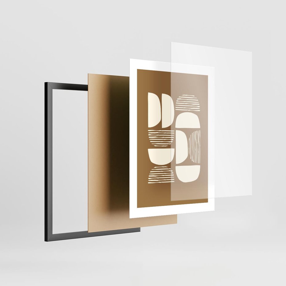 Plakat w ramie 30x40 - Wewnętrzne Spektrum - geometryczne boho kształty na brązowym, karmelowym tle - rama czarna
