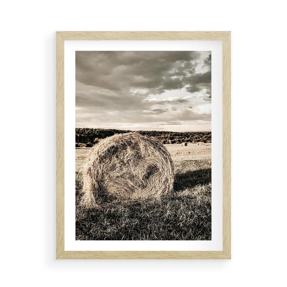 Plakat w ramie 50x70 - Ciepło Natury - snopki siana, pole - rama drewno