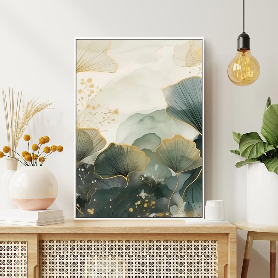 Obraz w ramie 80x120 - Natura w Złotym Odcieniu - złote elementy, liście miłorzębu japońskiego - rama biała