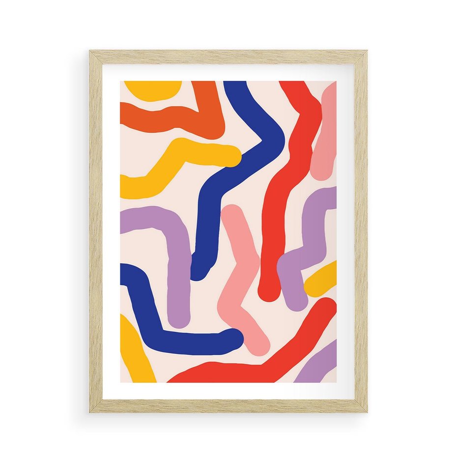 Plakat w ramie 50x70 - Abstrakcyjne Dialogi - abstrakcyjny kolorowy obraz, kolorowe linie - rama drewno