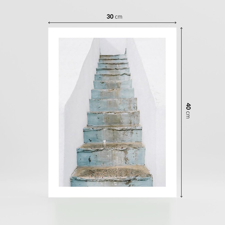 Plakat bez ramy 30x40 - Niebieskie Schody Santorini - stare kamienne schody, niebieskie schody