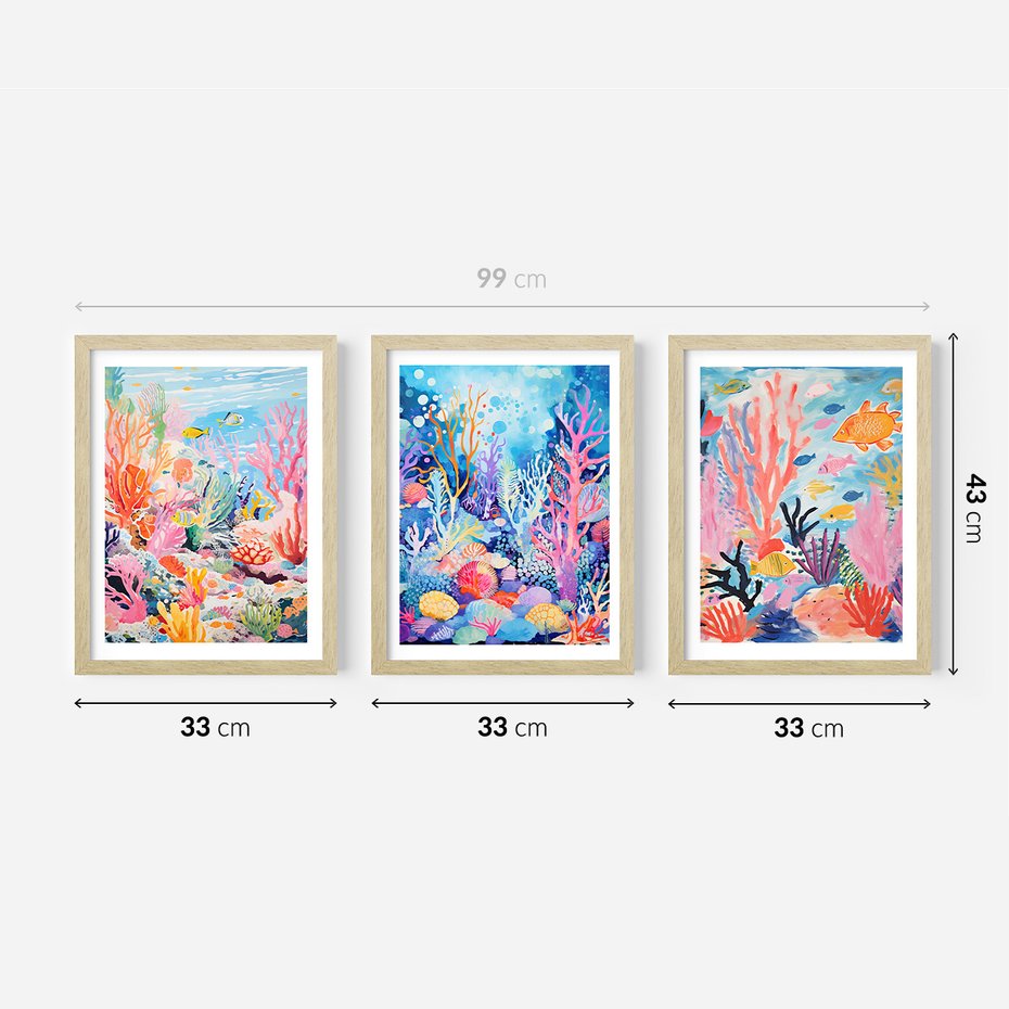 Zestaw obrazy w ramie 30x40 galeria - morze, rybki, akwarela, rafa, koralowa - rama drewno