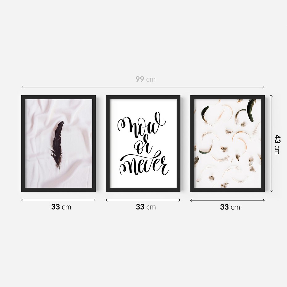 Zestaw obrazy w ramie 30x40 galeria - Cytat, motywacyjny, pióra, boho - rama czarna