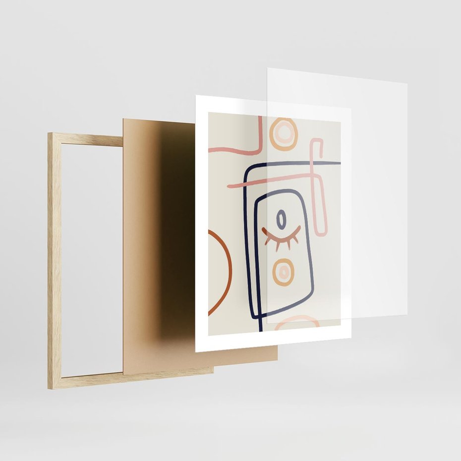 Plakat w ramie 40x50 - Manifestacje Dziwności - abstrakcja w stylu picasso, beżowe tło - rama drewno