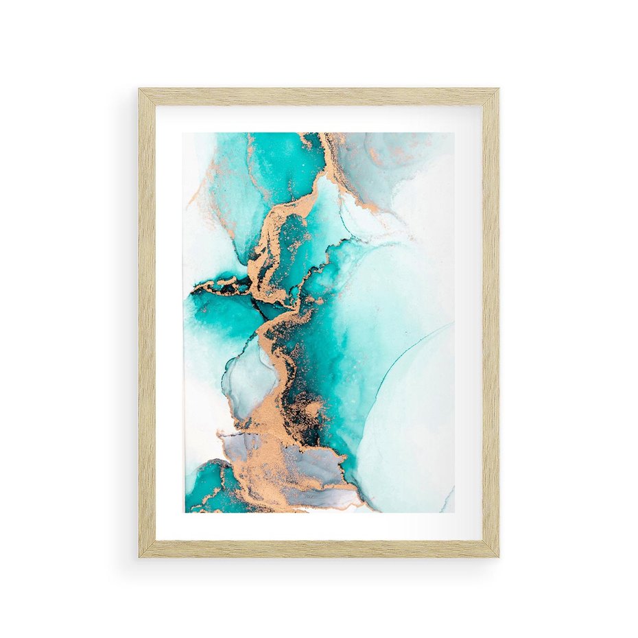 Plakat w ramie 30x40 - Elegancja i Subtelność - marmur, złoto - rama drewno