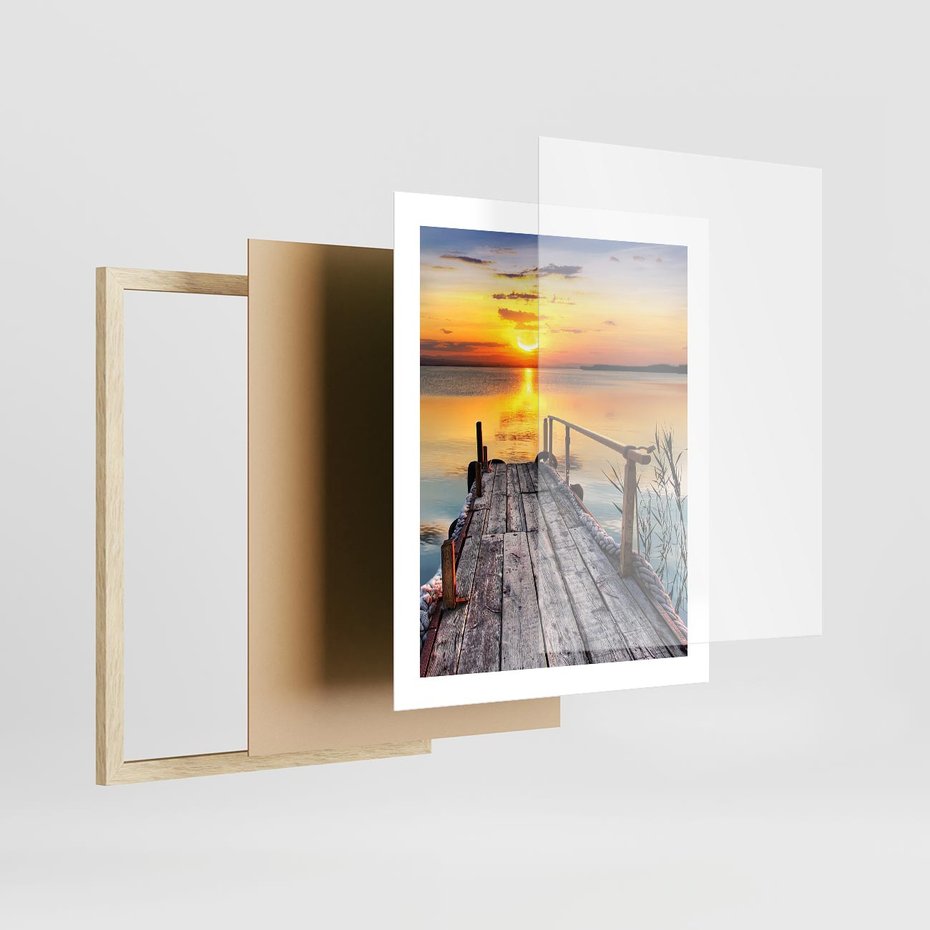 Plakat w ramie 40x50 - Zachód nad jeziorem z pomostem - pomost, jezioro - rama drewno