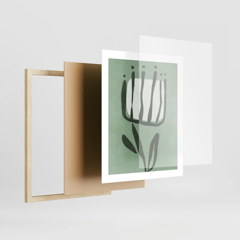 Plakat w ramie 40x50 - Objęcia Zieleni - zielona abstrakcja, zgaszona zieleń - rama drewno