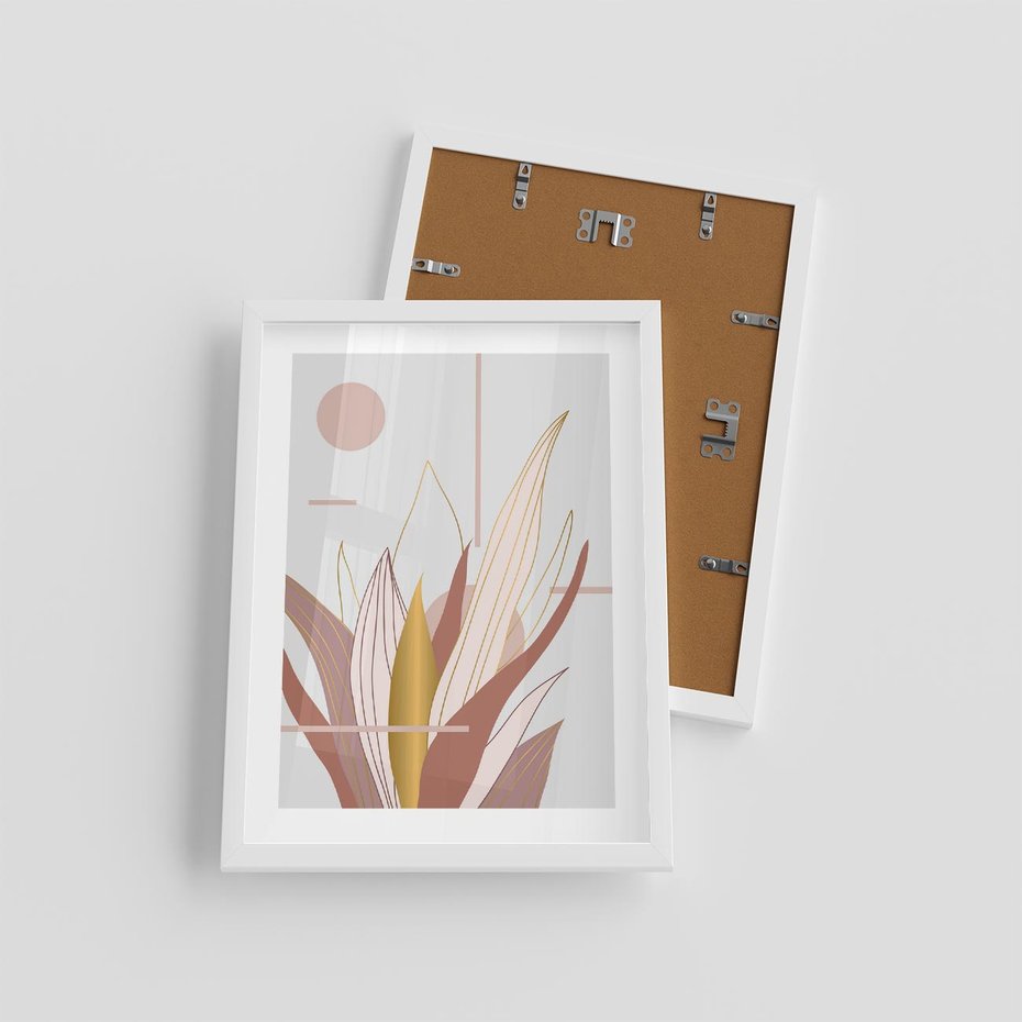 Plakat w ramie 30x40 - Złota Grafika Liści: Wyjątkowa Dekoracja - liście, złoto - rama biała