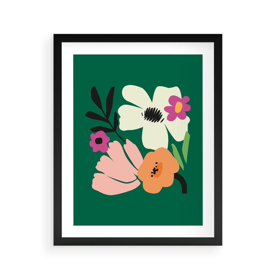 Plakat w ramie 40x50 - Rozbijające Echa - abstrakcyjne kwiaty, zielone tło - rama czarna