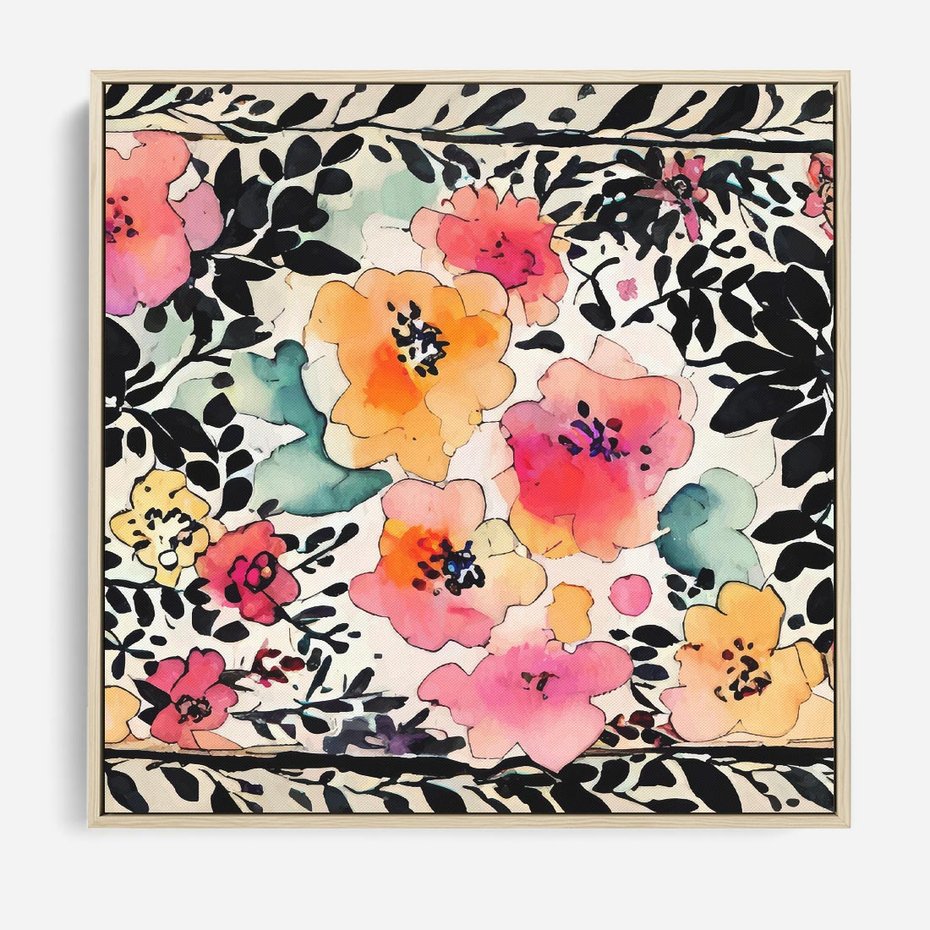 Obraz w ramie 50x50 - Opowieść w kroplach farb - akwarelowe kwiaty, mocna ornamentowa czarna ramka namalowana dookoła obrazu - rama drewno