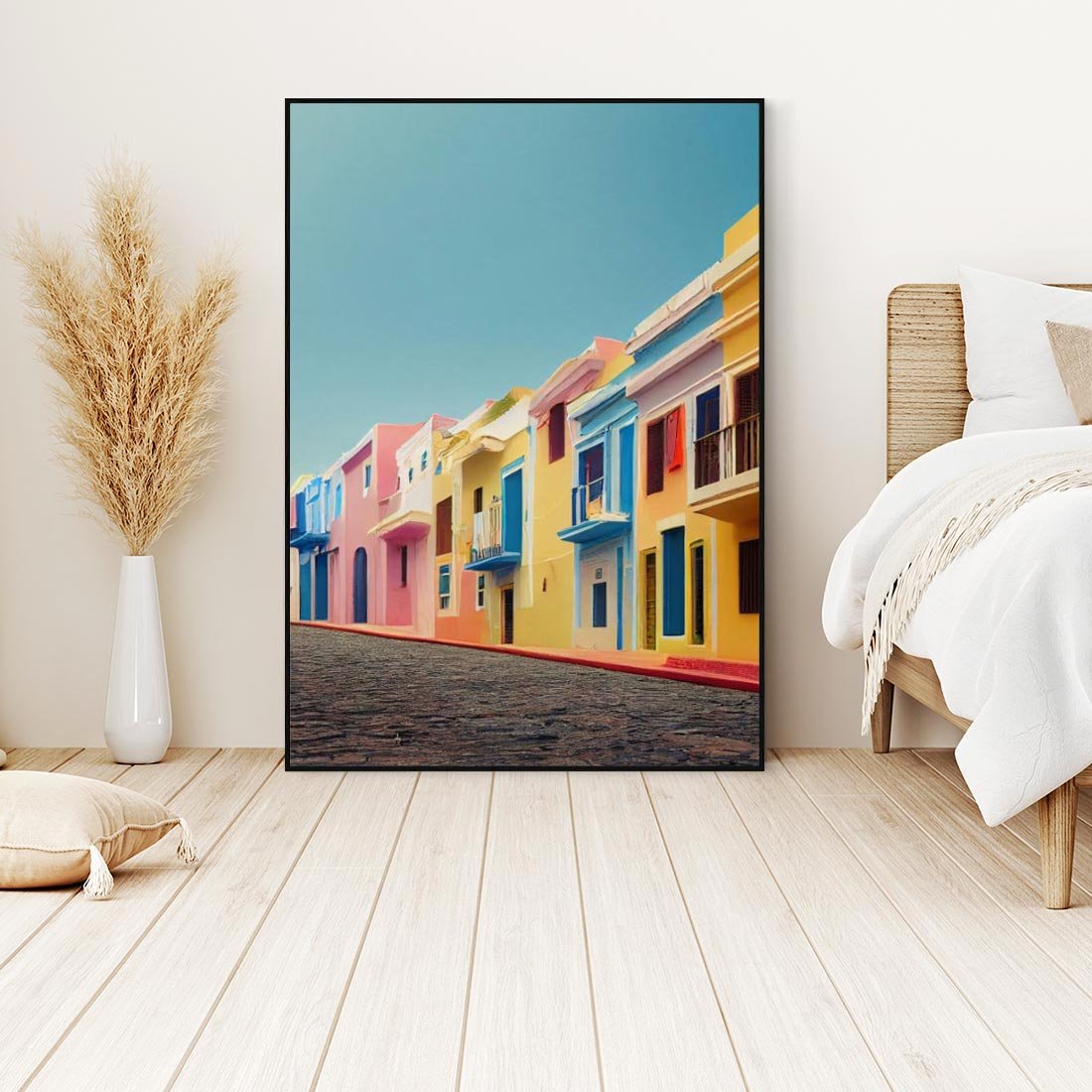 Obraz w ramie 50x70 - Ekspresja marzeń i tęsknot - pastelowe kolorowe budynki, wzdłuż ulicy - rama czarna