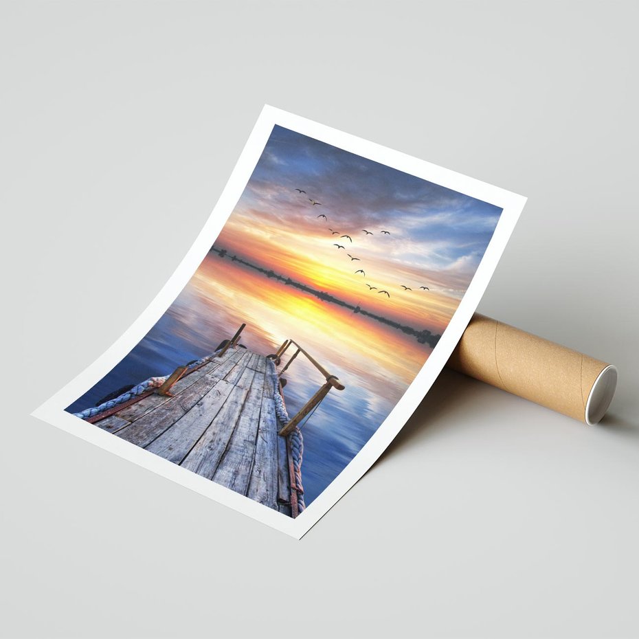 Plakat bez ramy 21x30 - Zachód słońca na pomostcie - pomost, zachód