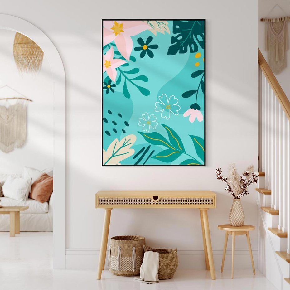 Obraz w ramie 70x100 - Rozkwitające Widoki - pastelowa kompozycja, kwiaty - rama czarna