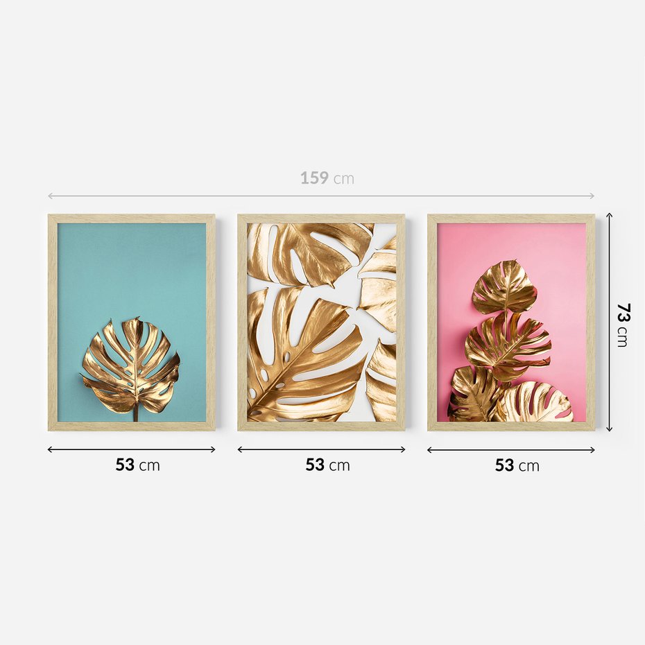 Zestaw obrazy w ramie 50x70 galeria - Złota, monstera, pastele - rama drewno